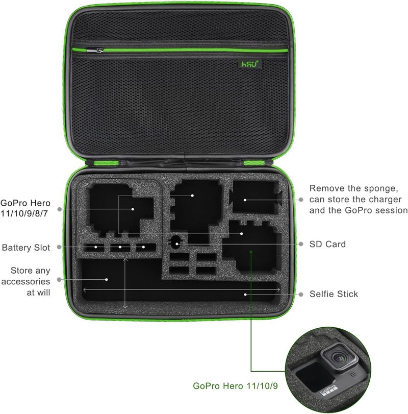 HSU Large Carrying Case for GoPro Hero 13, 12, 11, 10, 9, 8, 7, 6, 5 Black, AKASO Campark and Accessories by with Carry Handle and Carabiner Loop - Portable and Shock (Green Logo) - Image 2